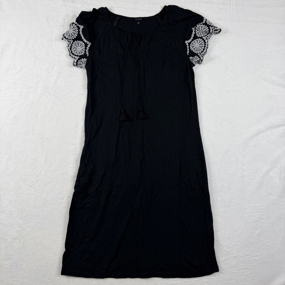Talbots Black Eyelet Flutter Sleeve Tassel Tie Shift Dress Small Boho Cotton